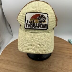 Surf Hawaii Hat Cap RED 1966 Patch-Style Woven Straw OSFM Trucker Mesh Snapback